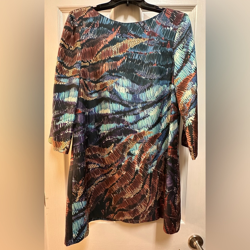 Ali Ro Boat Neck 3/4 Sleeve 100% Silk Brown Turquoise Purple Size 10 Dress